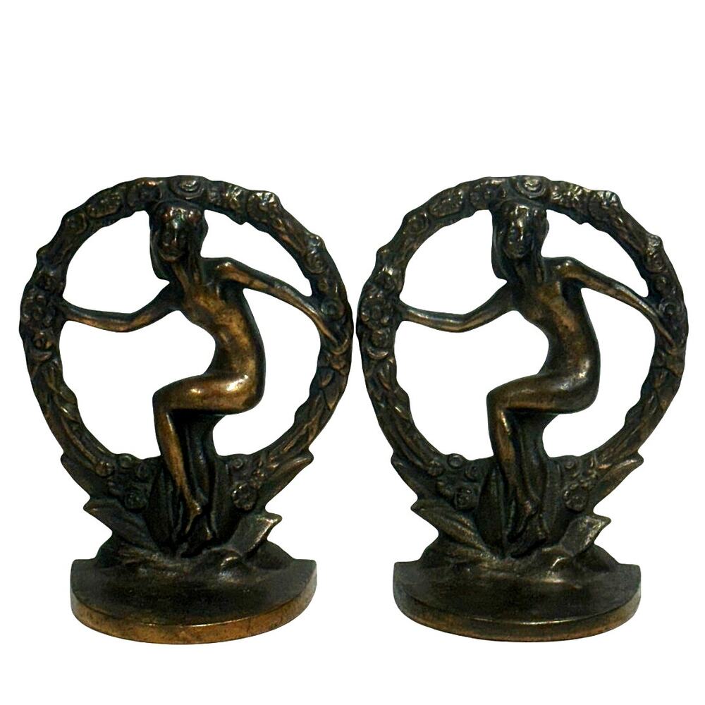 Antique Art Nouveau Heavy Cast 'Nude in Wreath' Set of Bookends Bronze Finish